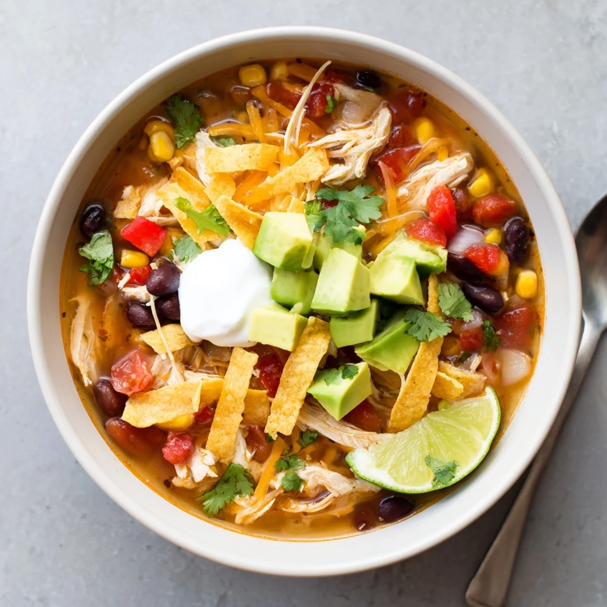 Rustic Mexican classic chicken tortilla soup garnished with fresh cilantro, zesty lime wedges, and melted shredded cheese