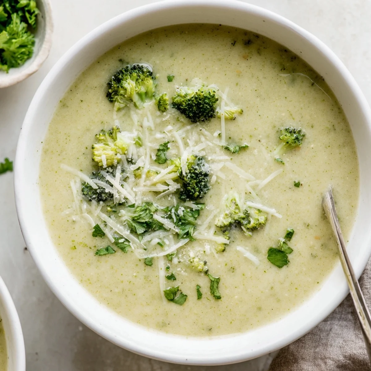 Creamy homemade Italian broccoli soup topped with grated Parmesan and fresh herbs in a white bowl