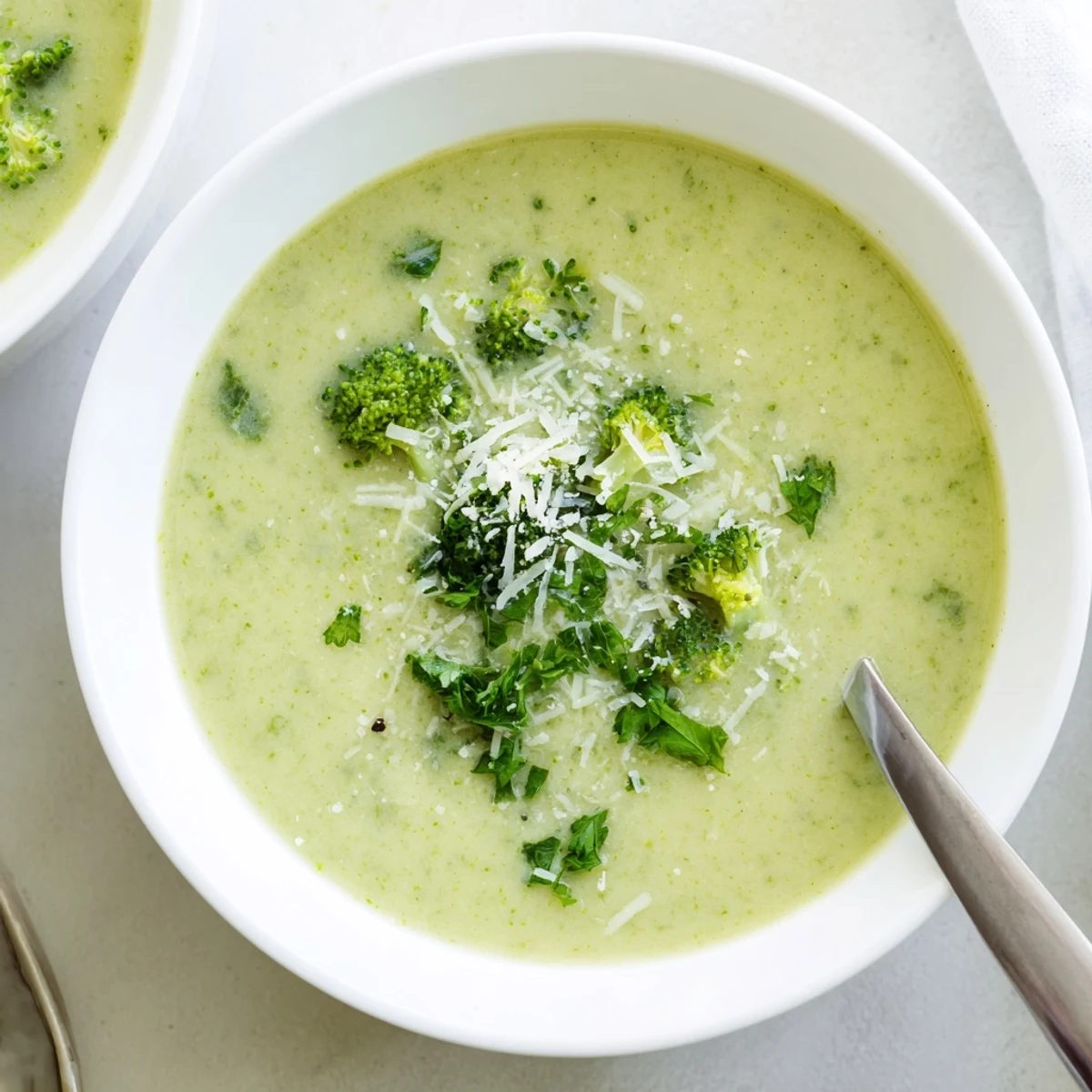 Steaming bowl of velvety Italian broccoli soup drizzled with olive oil and served with crusty bread