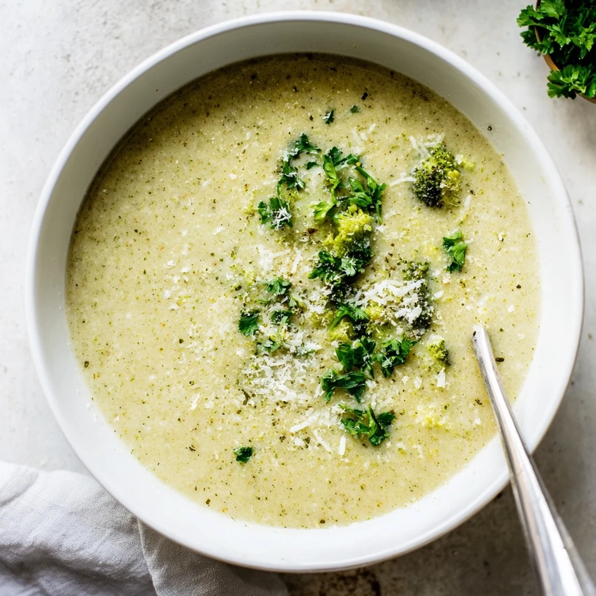 Rich green homemade Italian broccoli soup garnished with Parmesan cheese and parsley, perfect for cozy dinners