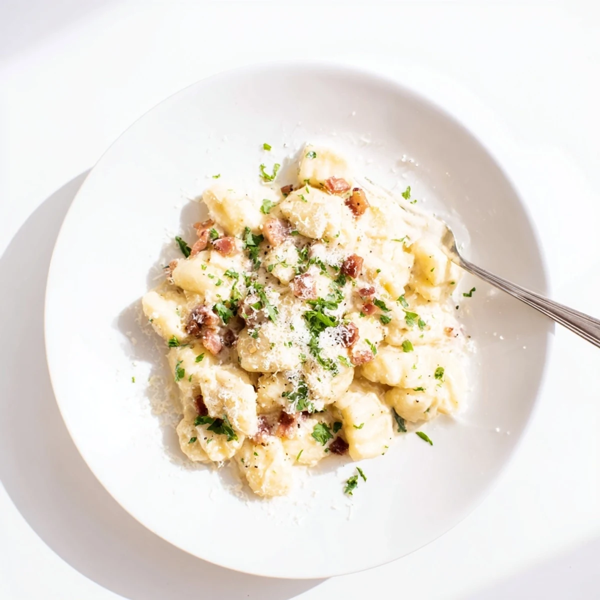 Gnocchi Carbonara with crispy bacon pieces coated in velvety Parmesan egg sauce on white plate