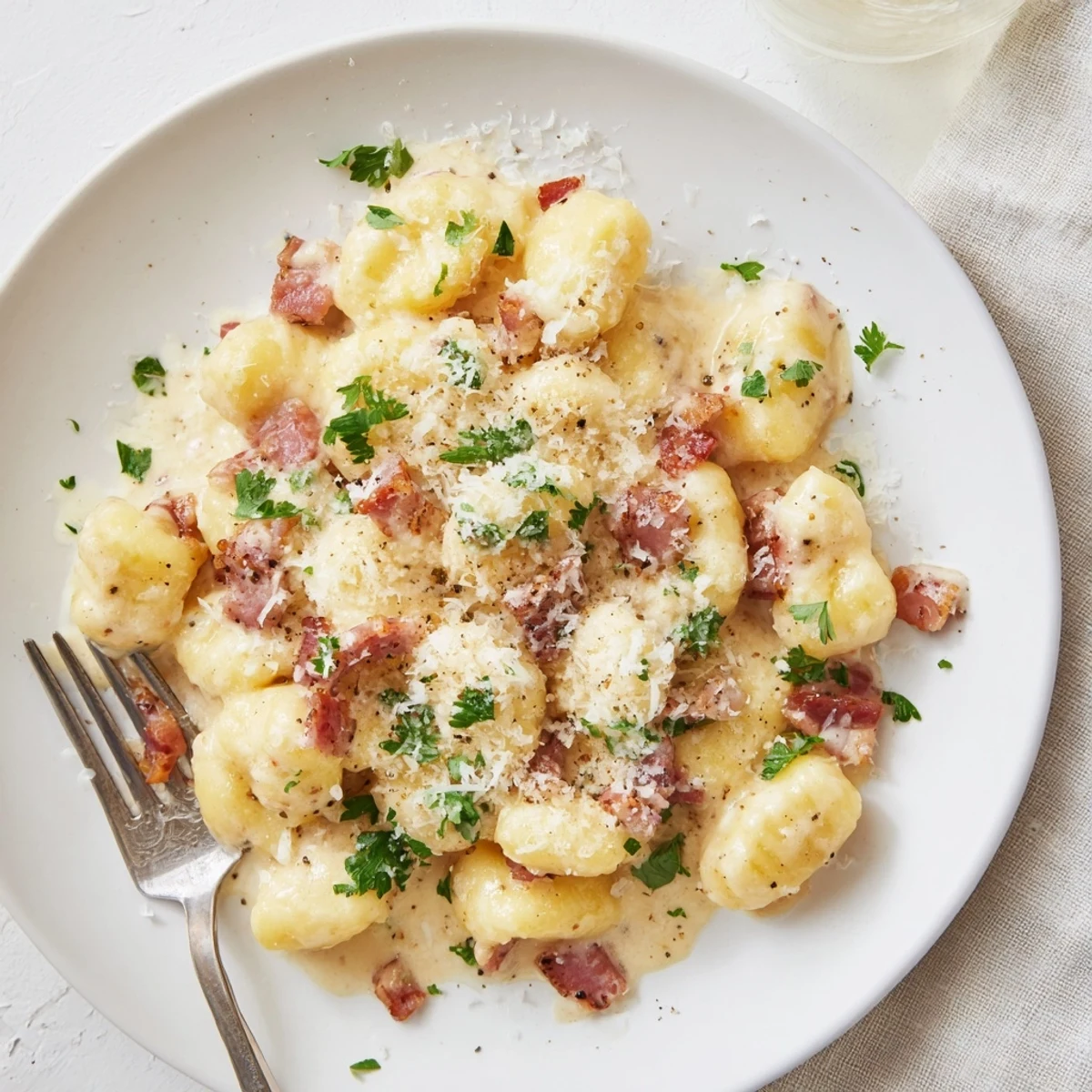 Steaming plate of Gnocchi Carbonara featuring golden bacon bits and fresh Parmesan shavings