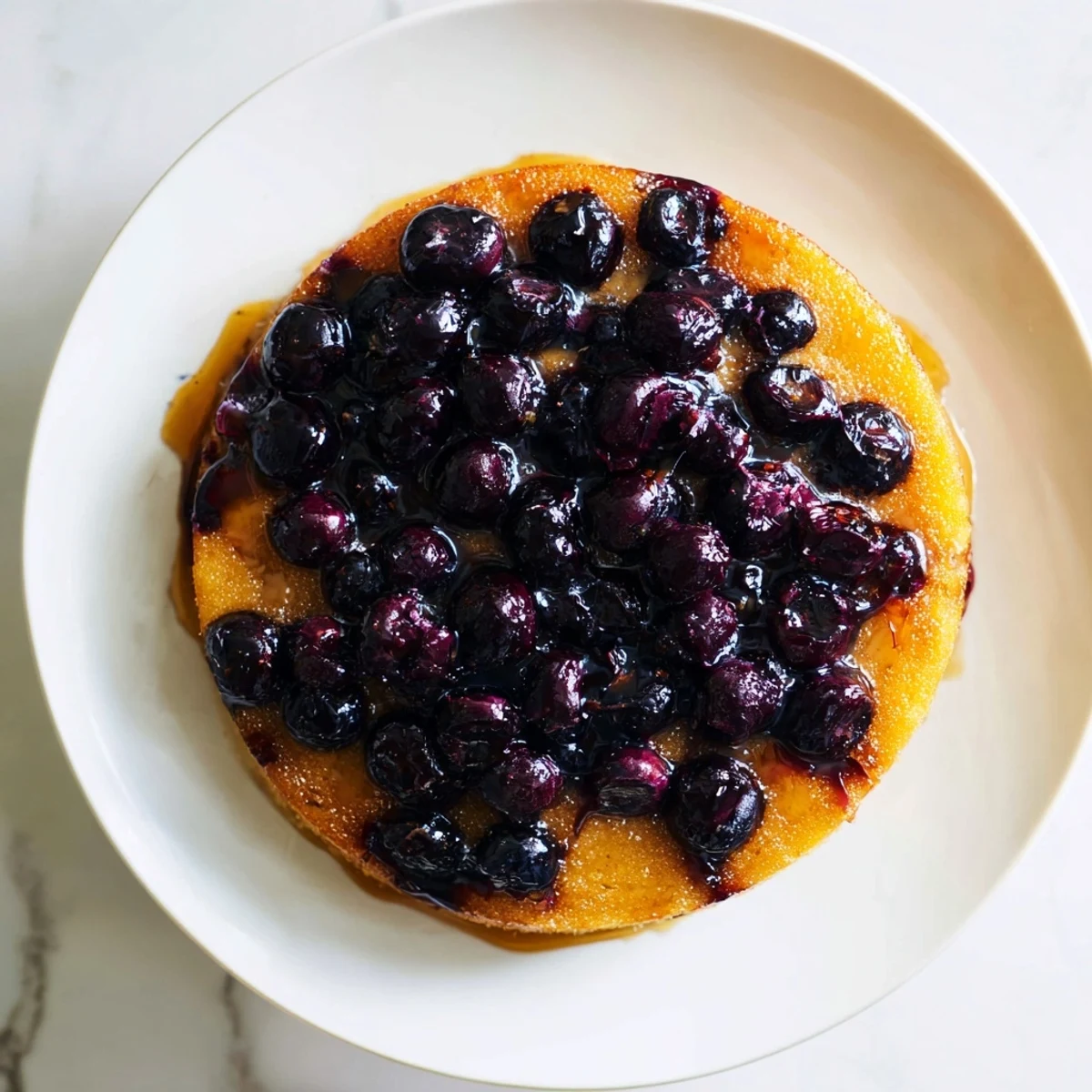 Golden blueberry upside down cake with caramelized fruit topping fresh from the oven