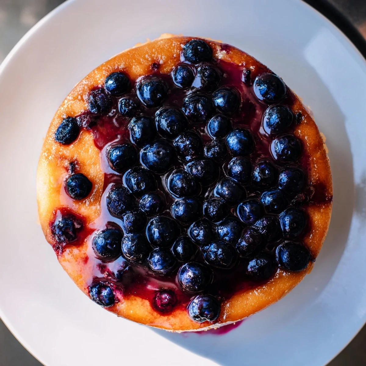 Moist blueberry upside down cake slice topped with glistening caramelized berries and lemon glaze
