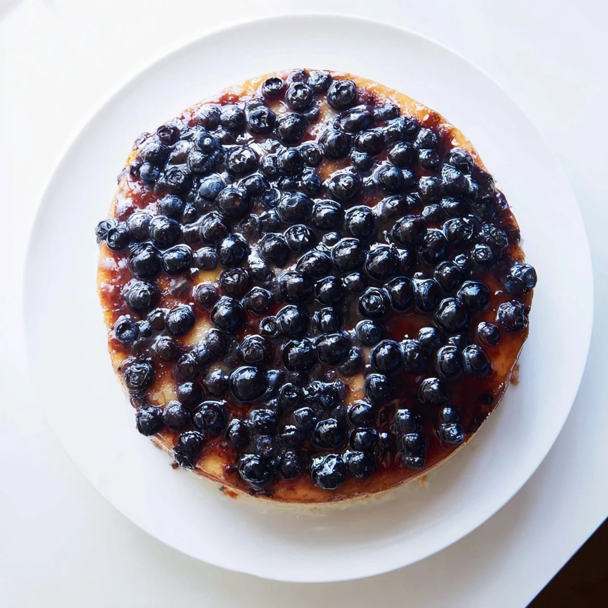 Fluffy vanilla cake inverted to reveal bubbling caramelized blueberries in this American upside down cake