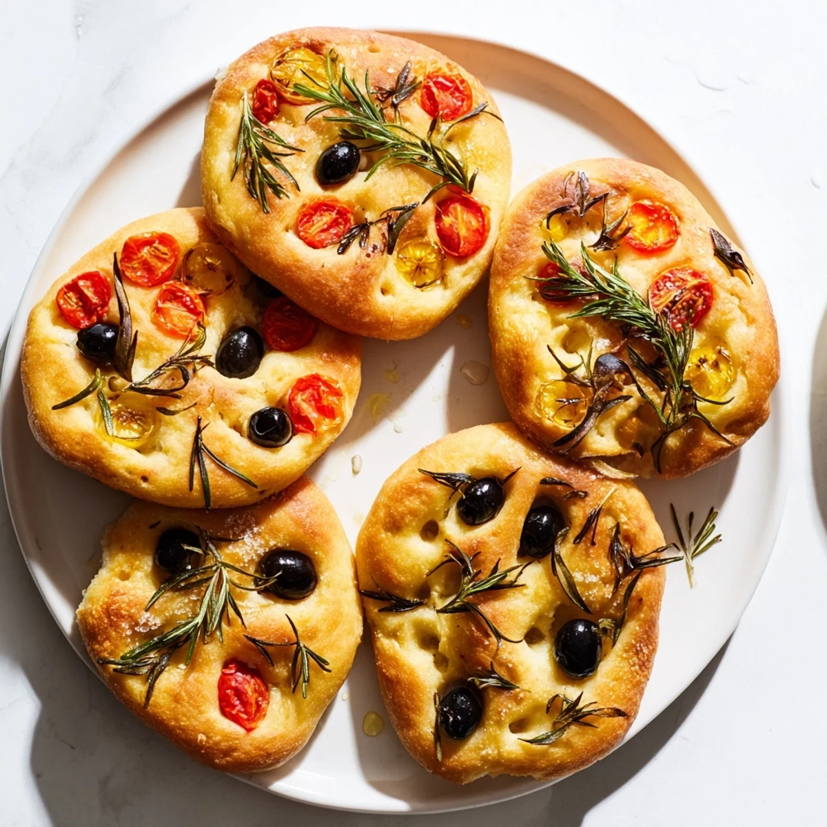 Golden crispy mini focaccia topped with fresh rosemary sea salt and cherry tomatoes