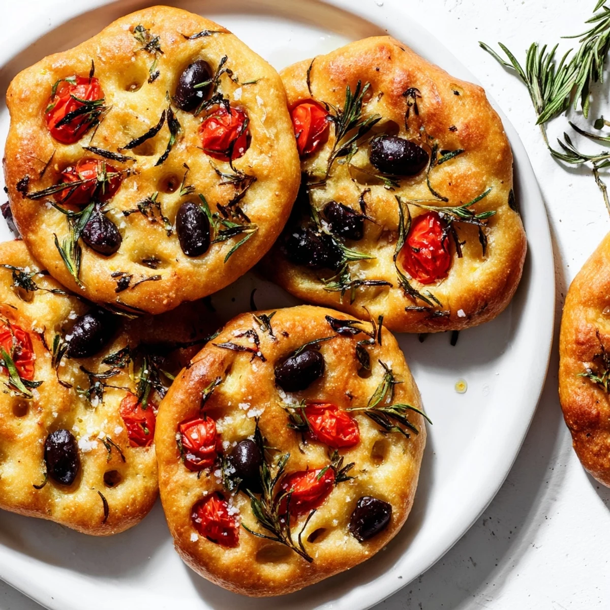 Individual Italian focaccia rolls with fluffy interior and olive oil dimpled golden crust