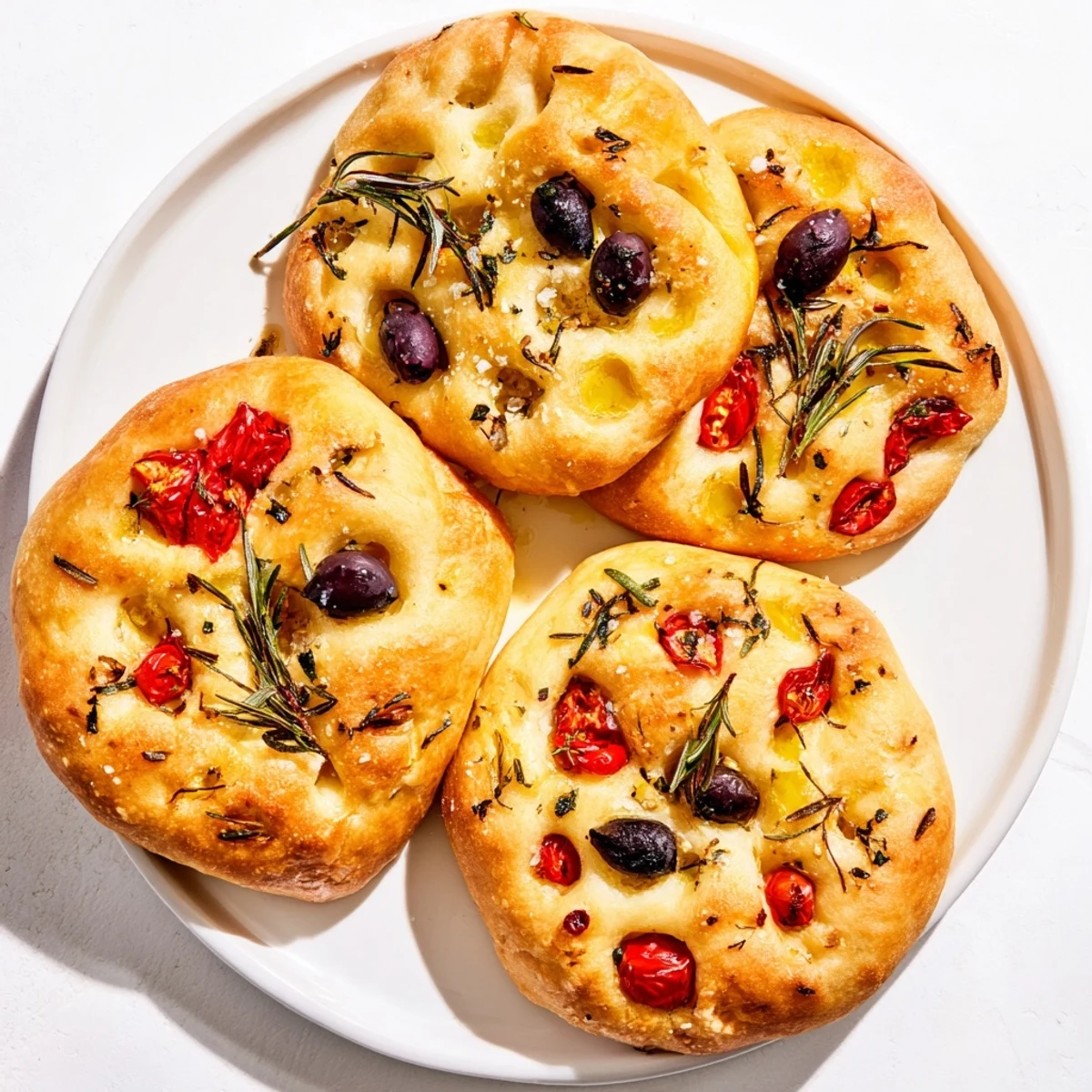 Warm mini focaccia breads sprinkled with flaky salt rosemary and black olives on baking sheet
