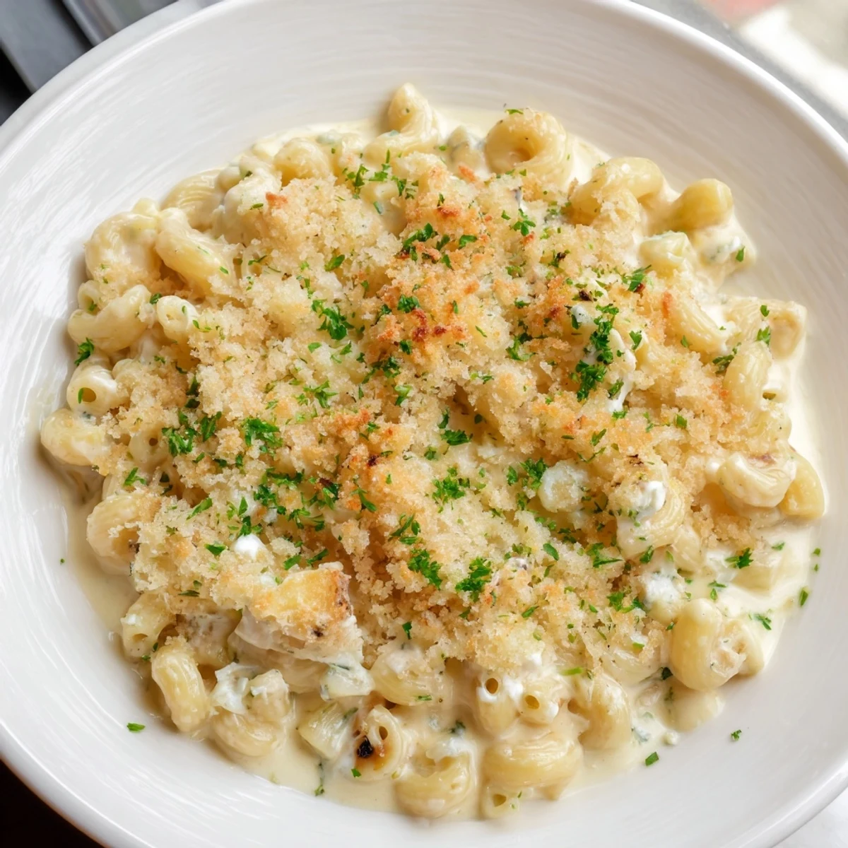 Rich and velvety Boursin mac and cheese served piping hot in a white bowl
