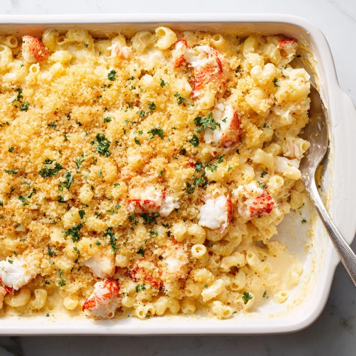 Golden baked garlic butter lobster mac and cheese with crispy breadcrumb topping