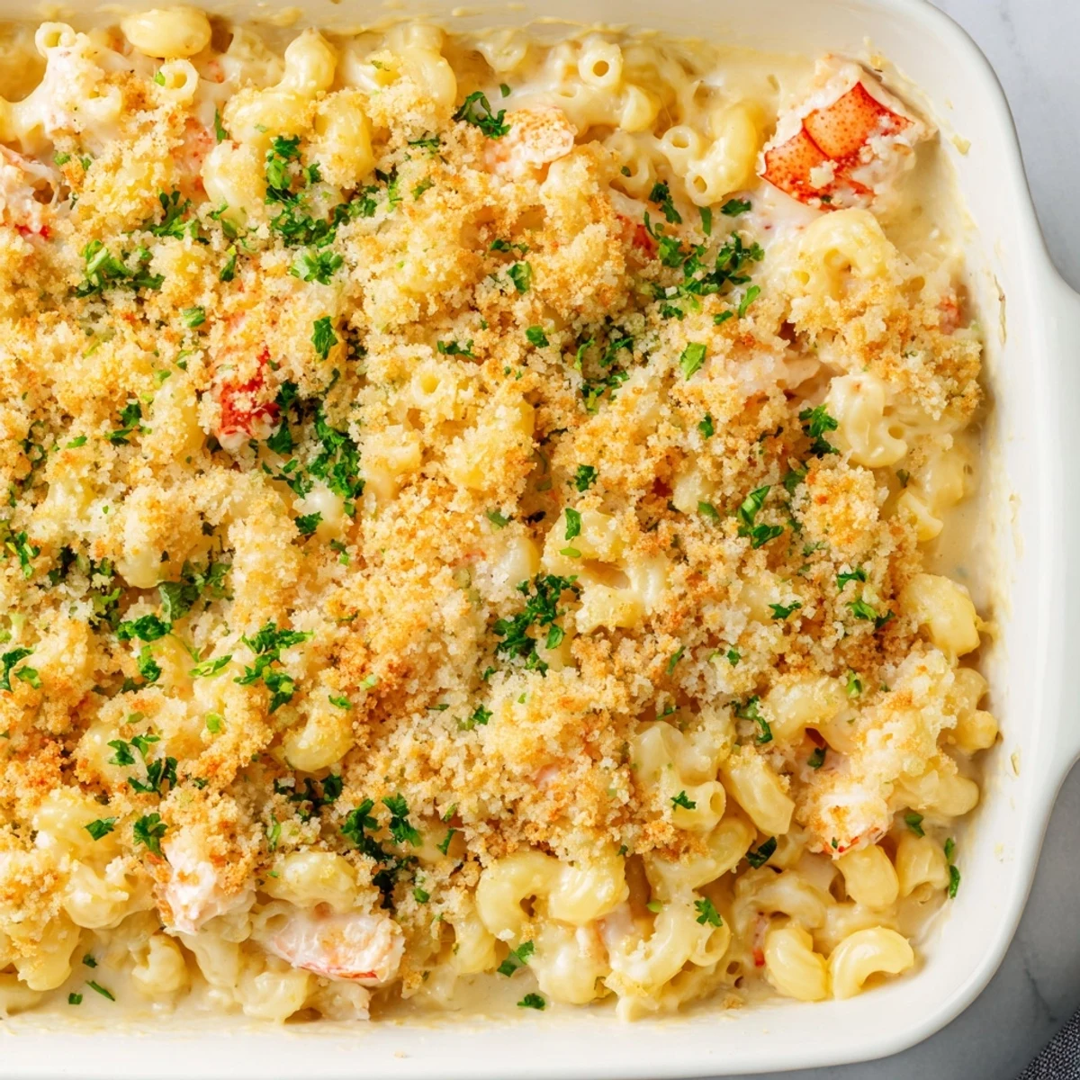 Creamy garlic butter lobster mac and cheese bubbling in a baking dish