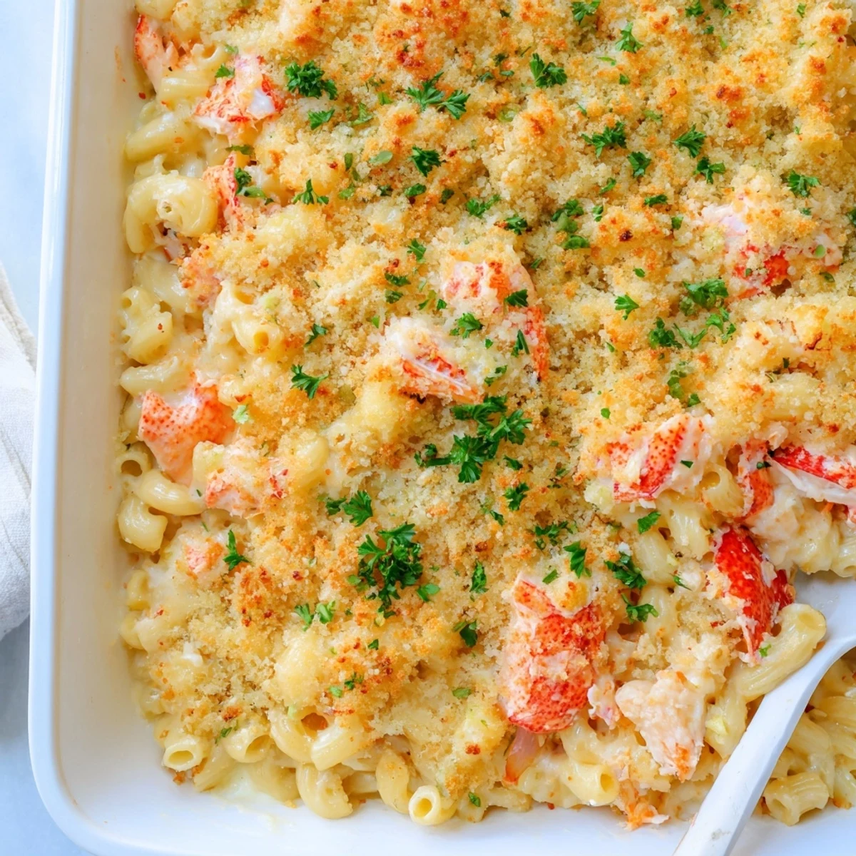 Succulent lobster pieces swirled through cheesy garlic butter mac and cheese casserole