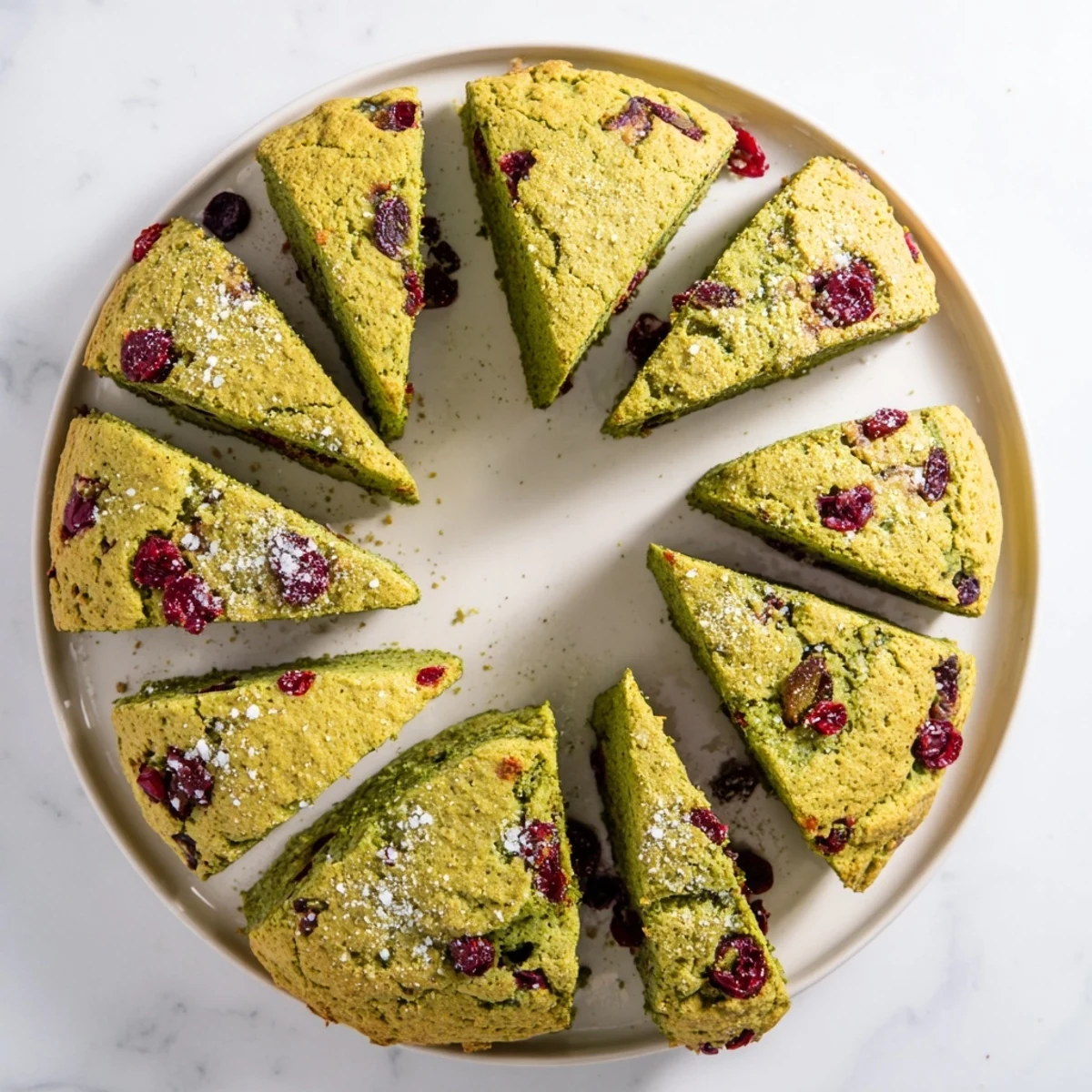 Golden matcha cranberry scones sprinkled with coarse sugar on a parchment-lined baking sheet