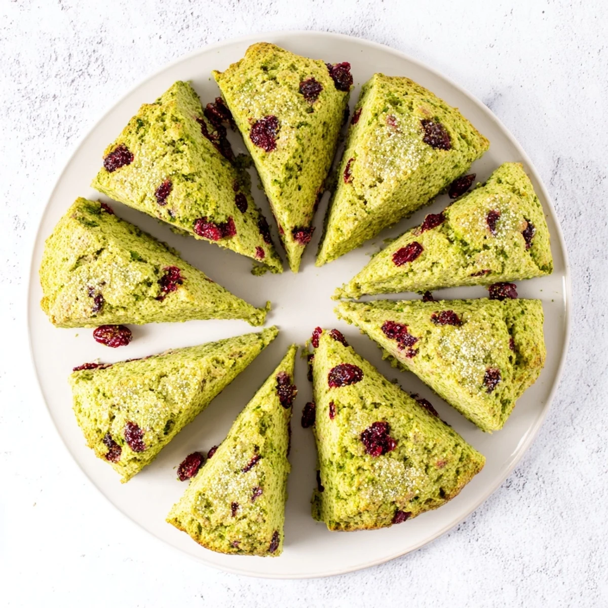 Fluffy green tea scones dotted with red dried cranberries, dusted with sparkling sugar