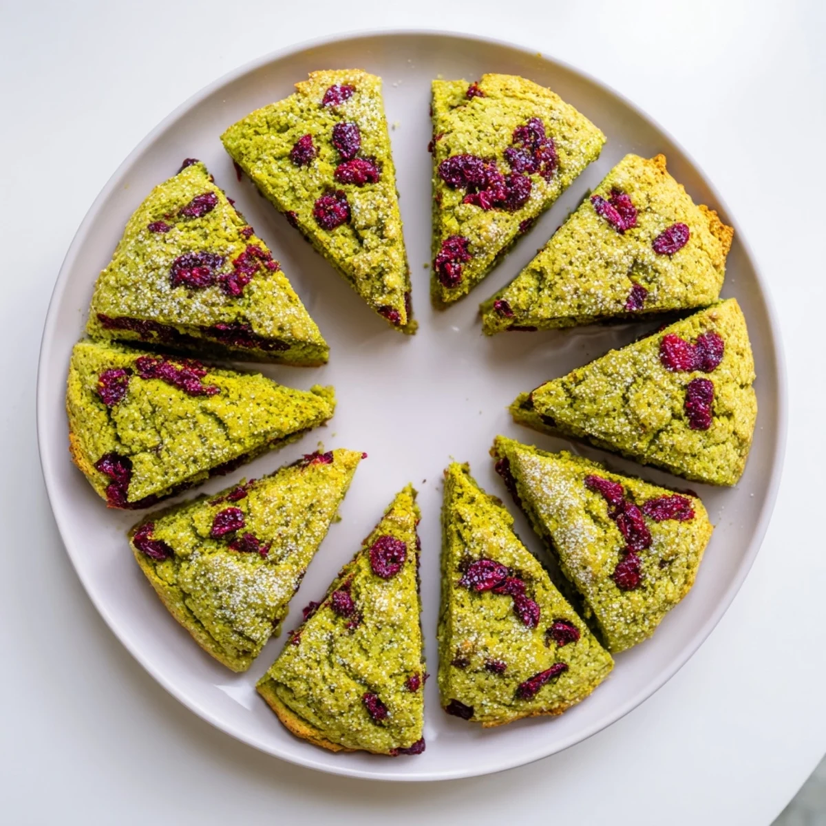 Tender buttery matcha scones studded with tart cranberries, baked to golden perfection