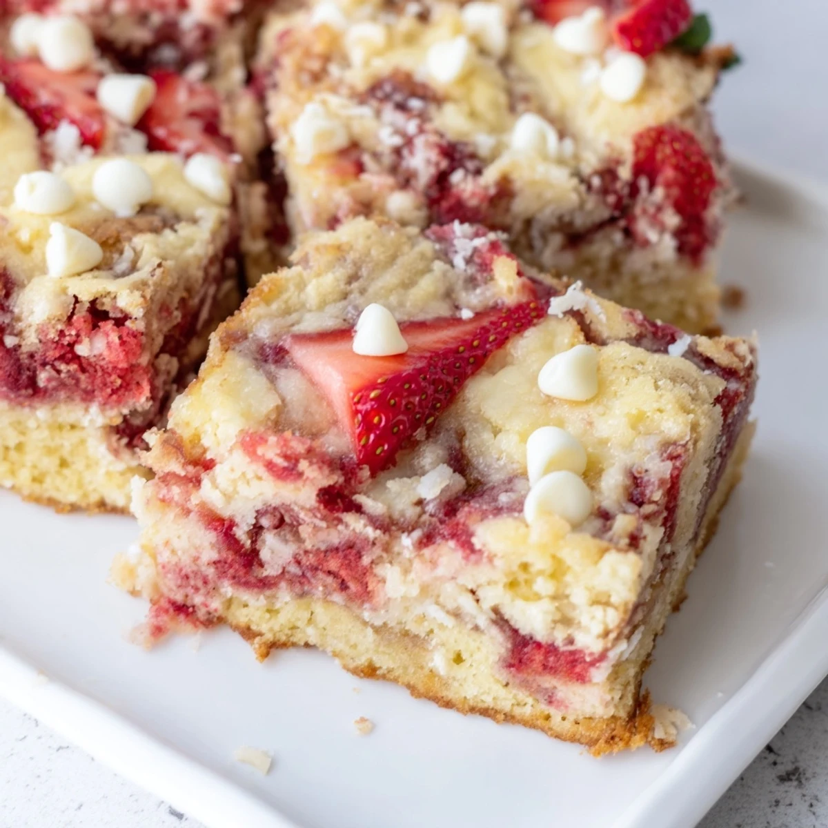 Gooey strawberry earthquake cake with cream cheese swirls and fresh berry slices on top