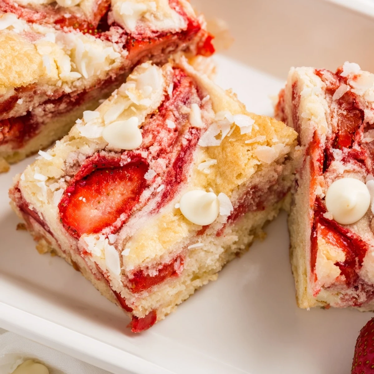 Sliced strawberry earthquake cake displaying cracked top with creamy coconut and strawberry layers