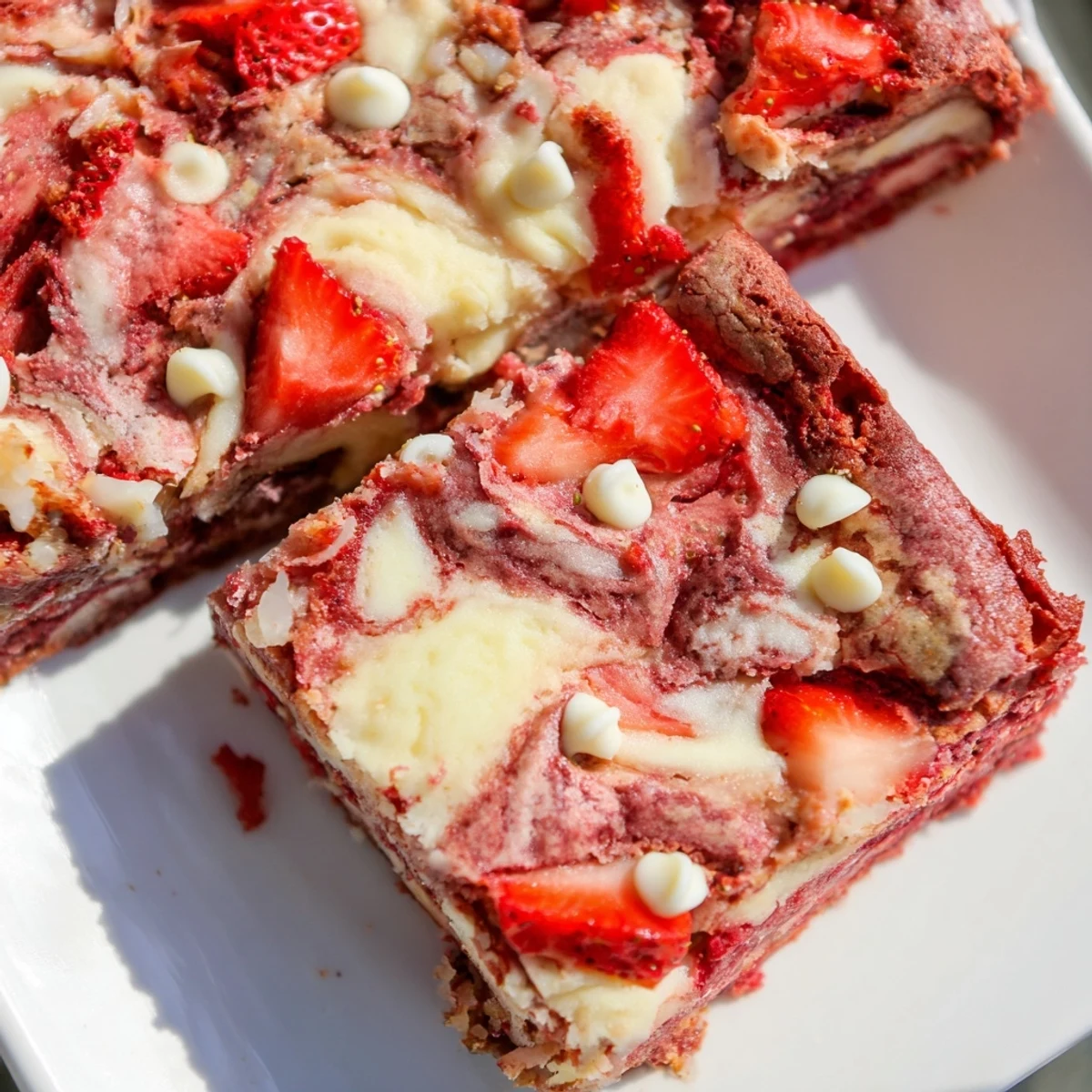 Warm strawberry earthquake cake showing marbled cream cheese pockets and white chocolate chips