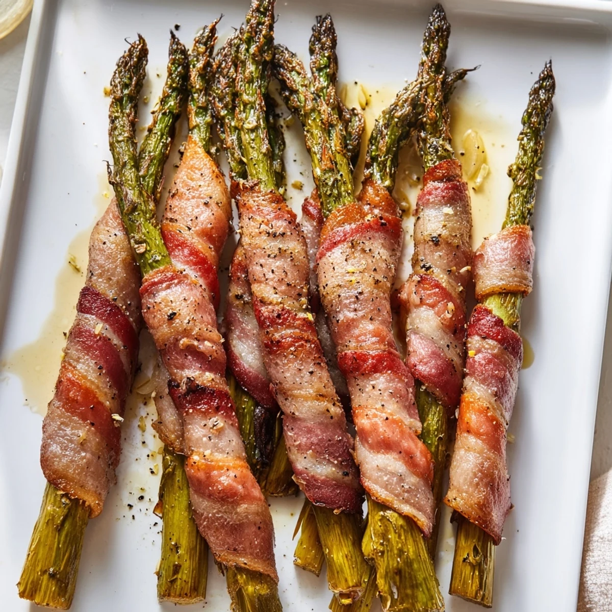 Savory appetizer of bacon wrapped asparagus spears sprinkled with minced garlic and black pepper, ready to serve