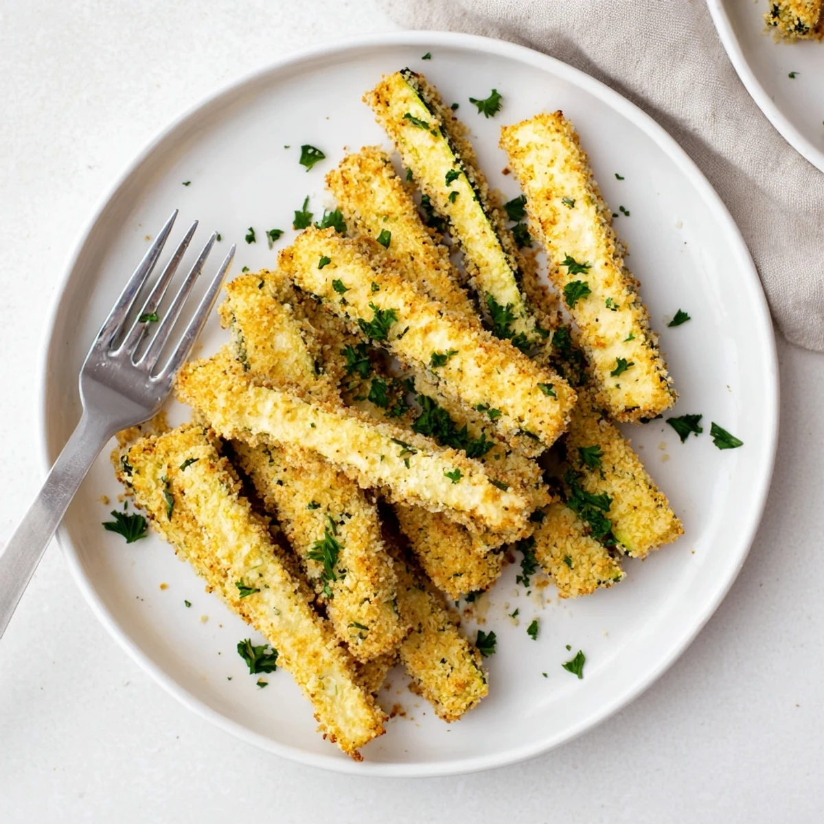 Golden brown crispy baked keto zucchini fries arranged on a white serving platter