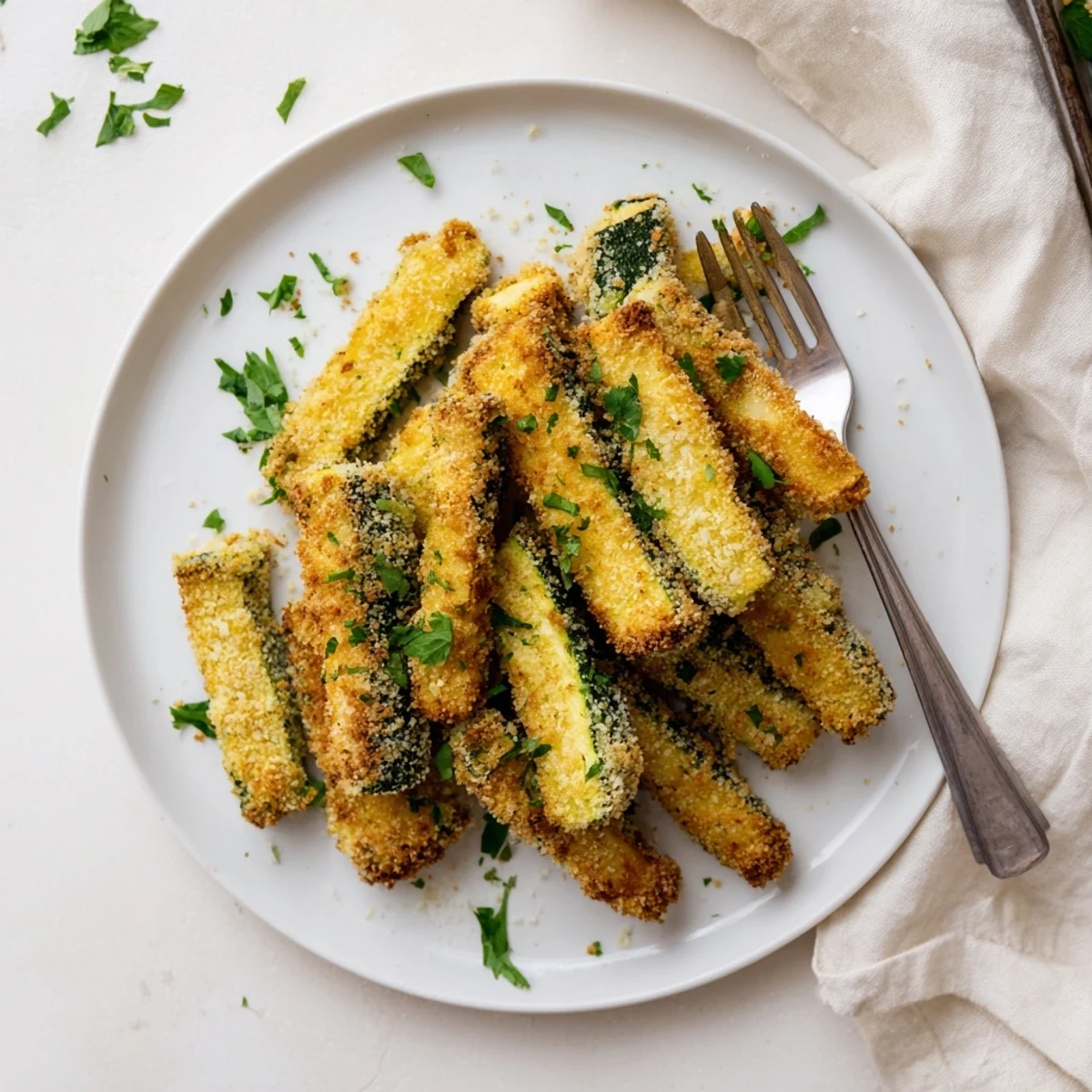Low-carb zucchini fries with almond parmesan coating baked until perfectly crunchy and golden