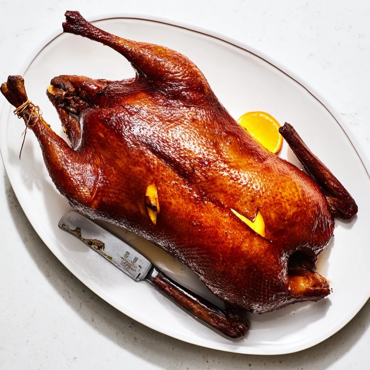Whole aromatic five spice roasted duck carved to reveal tender juicy meat inside