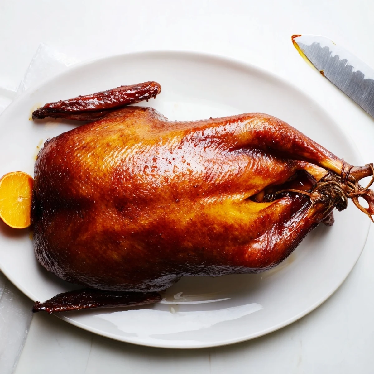 Crispy skinned five spice roasted duck resting on a carving board with fresh herbs