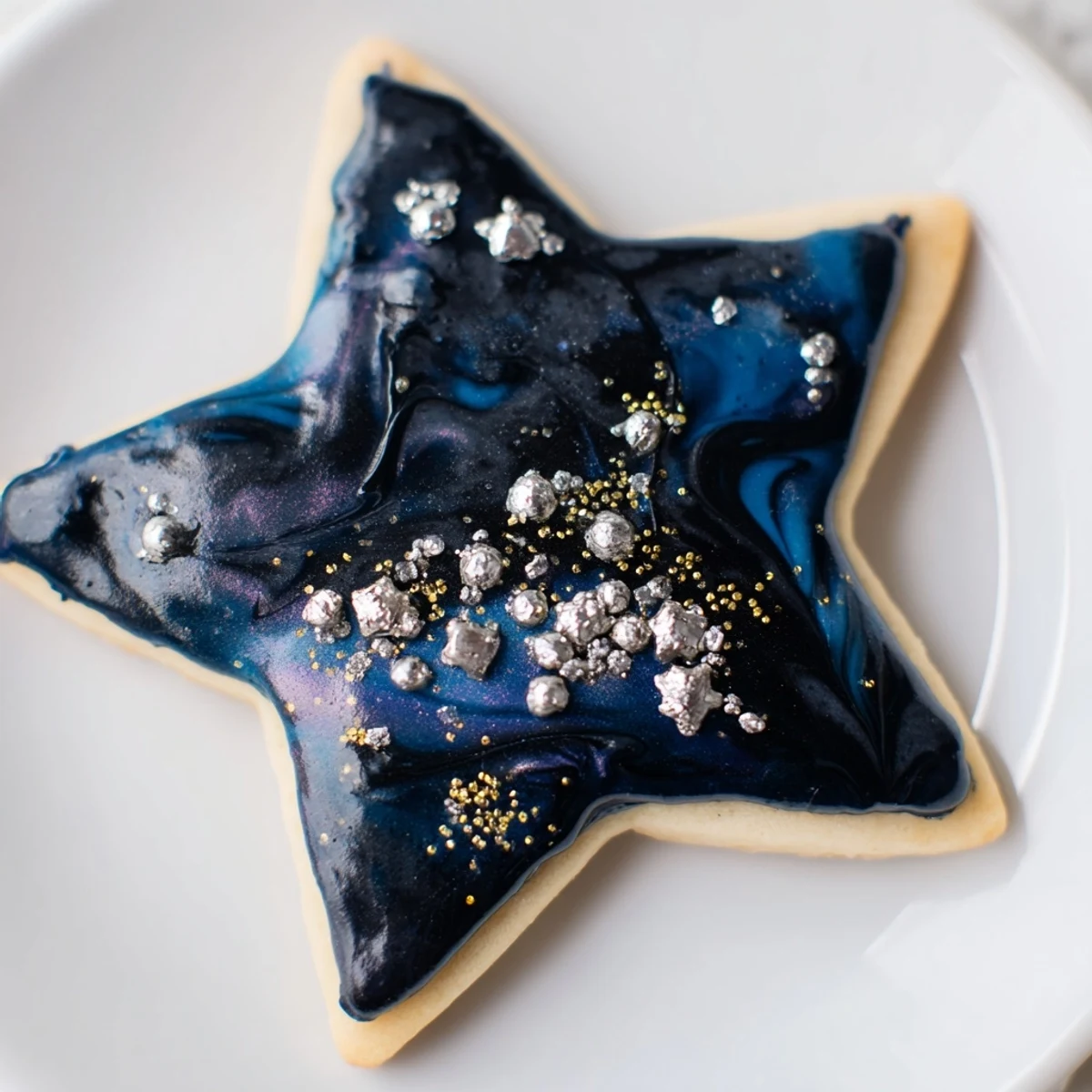 Starry Night Sugar Cookies featuring swirls of dark blue and black marbled royal icing topped with shimmering edible gold stars on a white ceramic plate