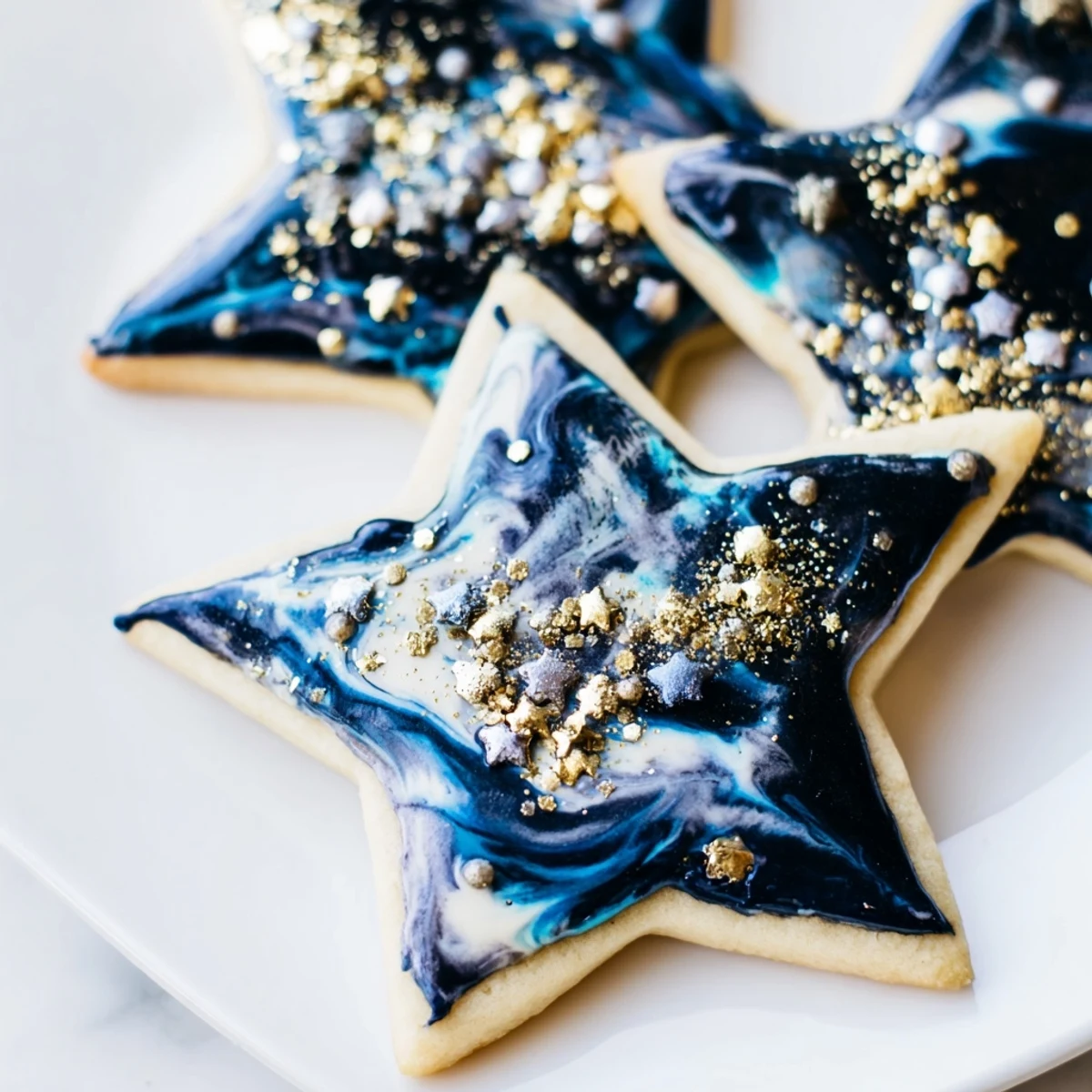 Golden star sprinkles glisten atop these Starry Night Sugar Cookies with their signature galaxy-patterned blue and black glaze arranged on a decorative serving platter