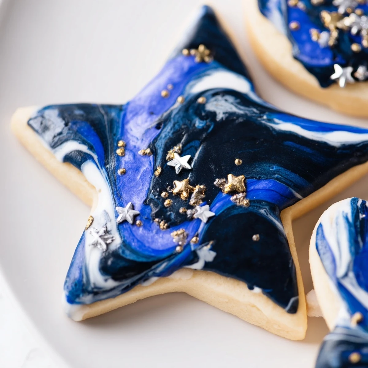 Close-up view of Starry Night Sugar Cookies showing off the celestial marbled icing design and sparkling edible star decorations on a rustic wooden board