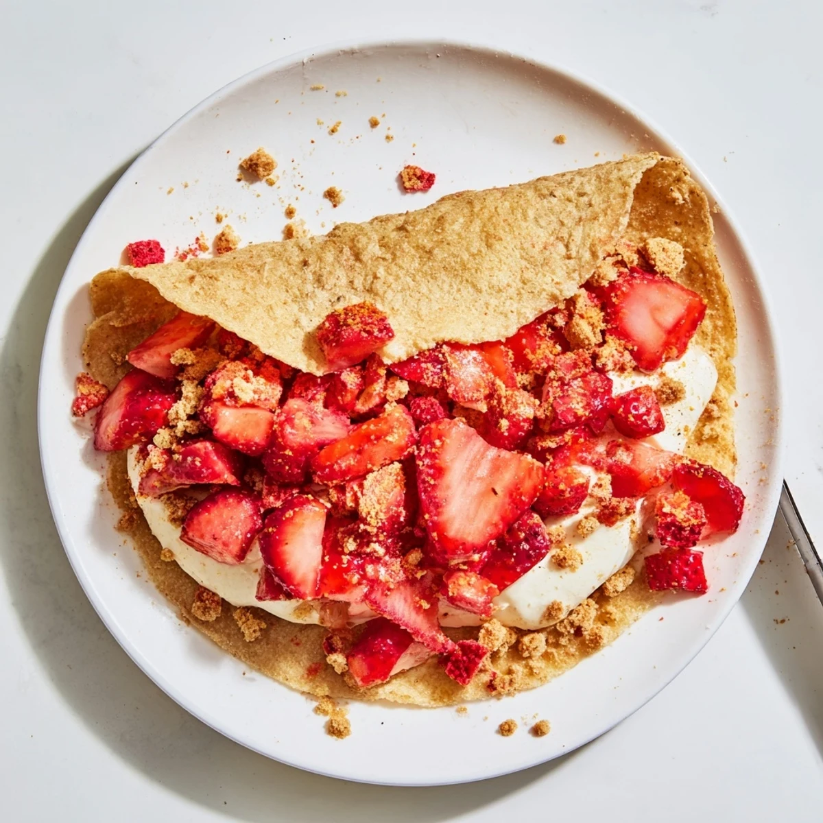Playful strawberry crunch cheesecake taco featuring sweetened fruit and golden cookie crumble over smooth cream cheese filling
