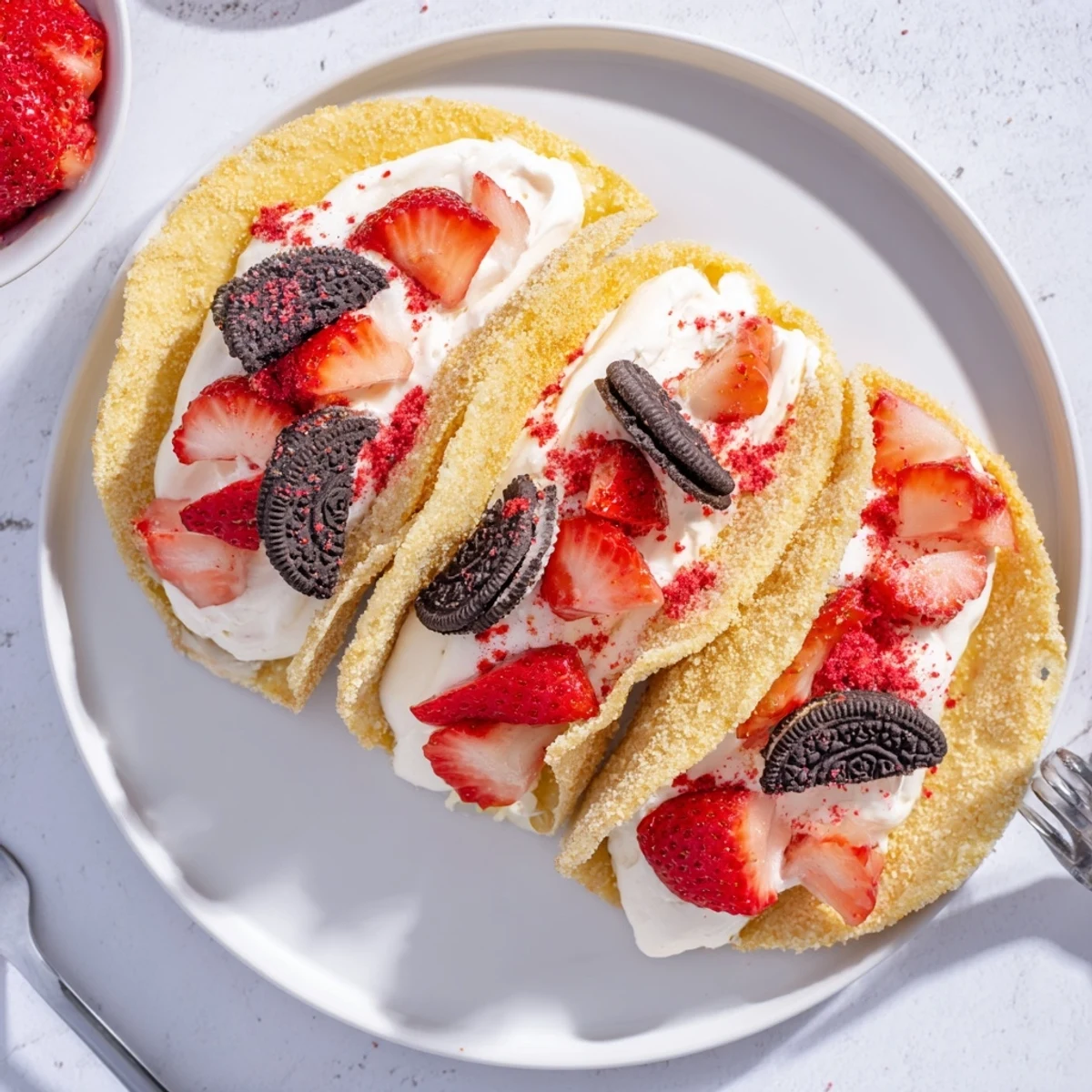 Crisp baked tortilla shell overflowing with fluffy vanilla cheesecake and diced strawberries in this strawberry crunch cheesecake taco dessert