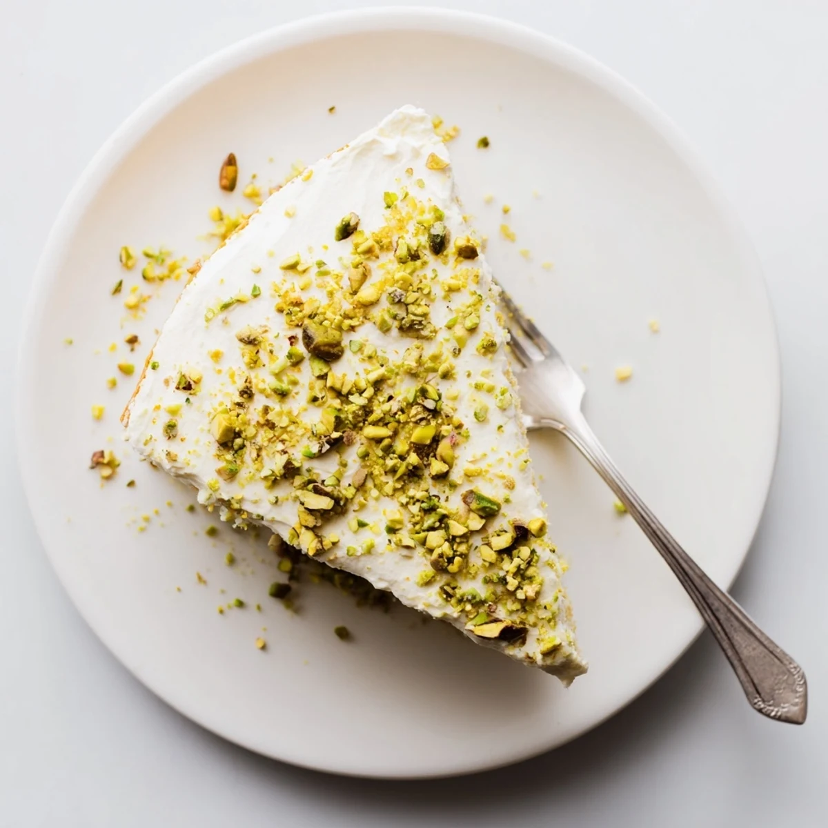 Slice of lemon pistachio cake with creamy mascarpone frosting topped with bright green chopped pistachios