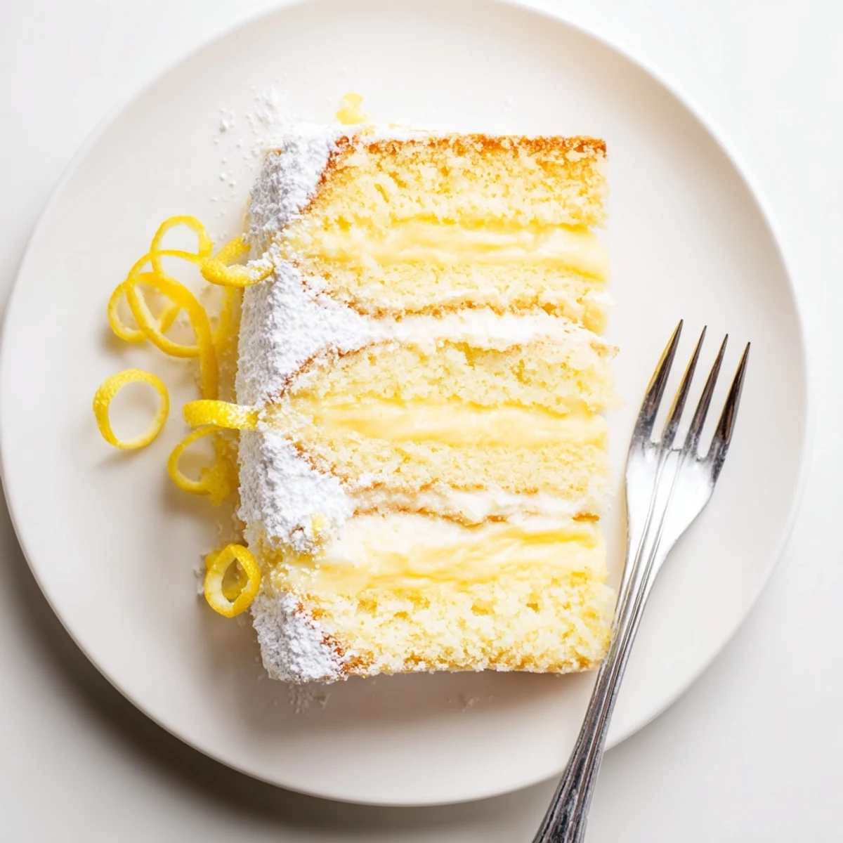 Golden Italian Grandmas Lemon Custard Cake sliced open revealing creamy yellow lemon custard filling between light fluffy cake layers