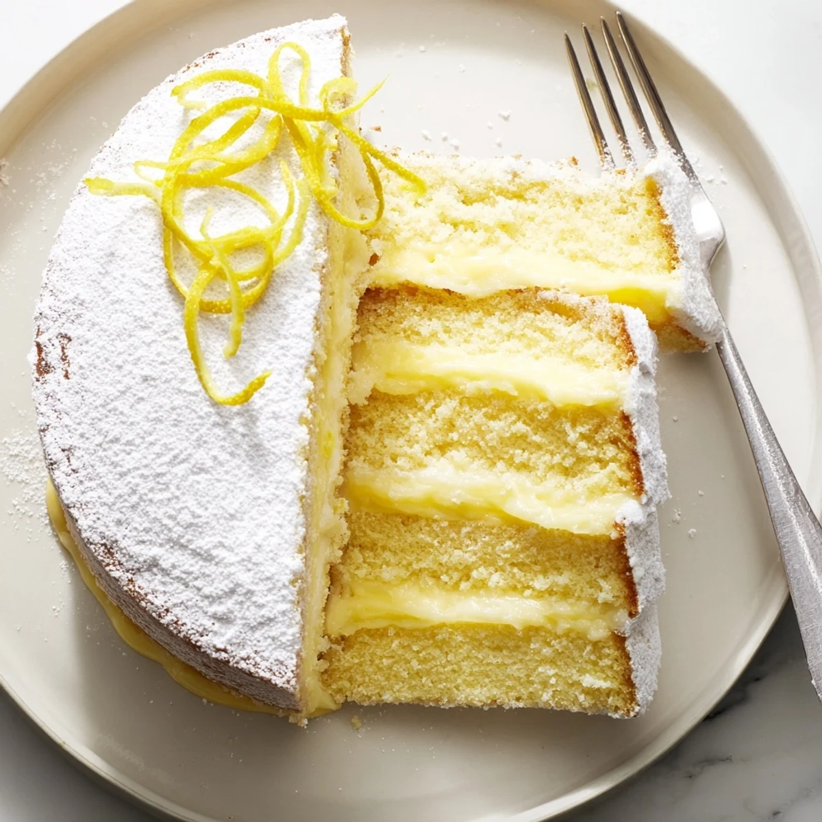 Dusted Italian Grandmas Lemon Custard Cake plate featuring fresh lemon curl garnish on powdered sugar topped dessert