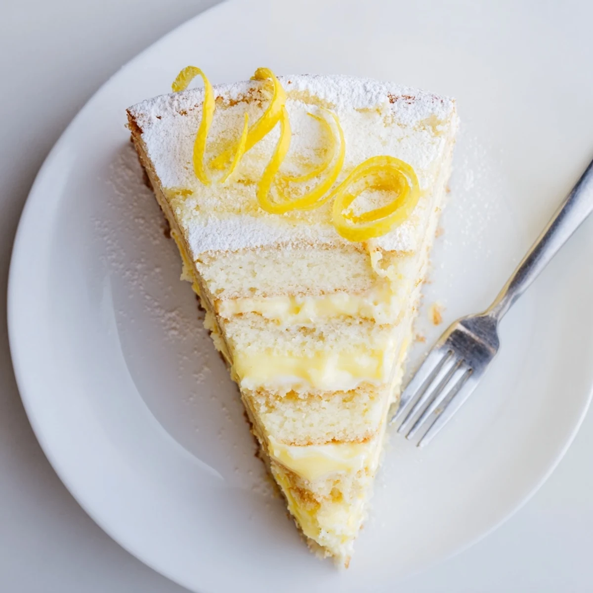 Homemade Italian Grandmas Lemon Custard Cake on white serving plate with fork ready to enjoy tangy sweet custard center