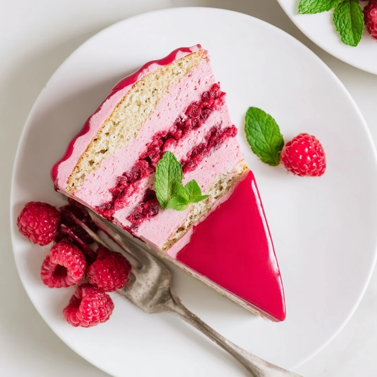 Elegant raspberry mousse cake with fluffy almond sponge base and glossy pink glazed topping
