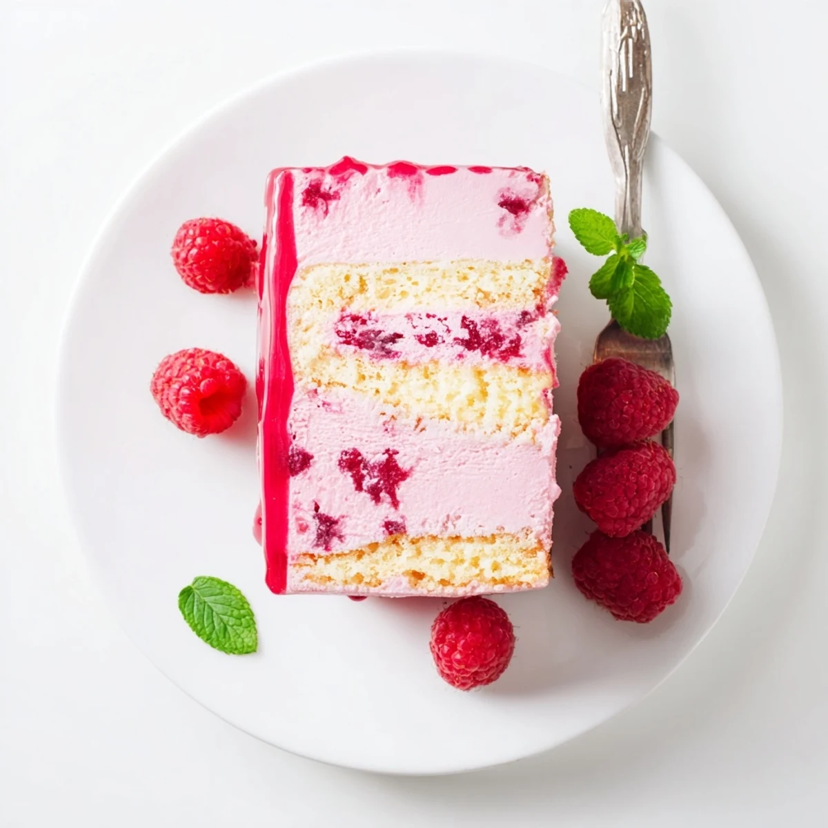 Layered raspberry mousse cake featuring moist almond sponge crowned with fresh red berry garnish