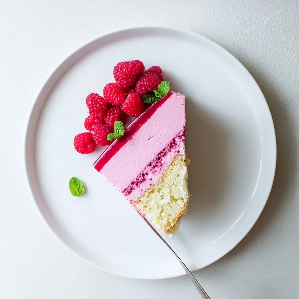 Slice of light raspberry mousse cake revealing airy pink layers atop tender almond sponge base
