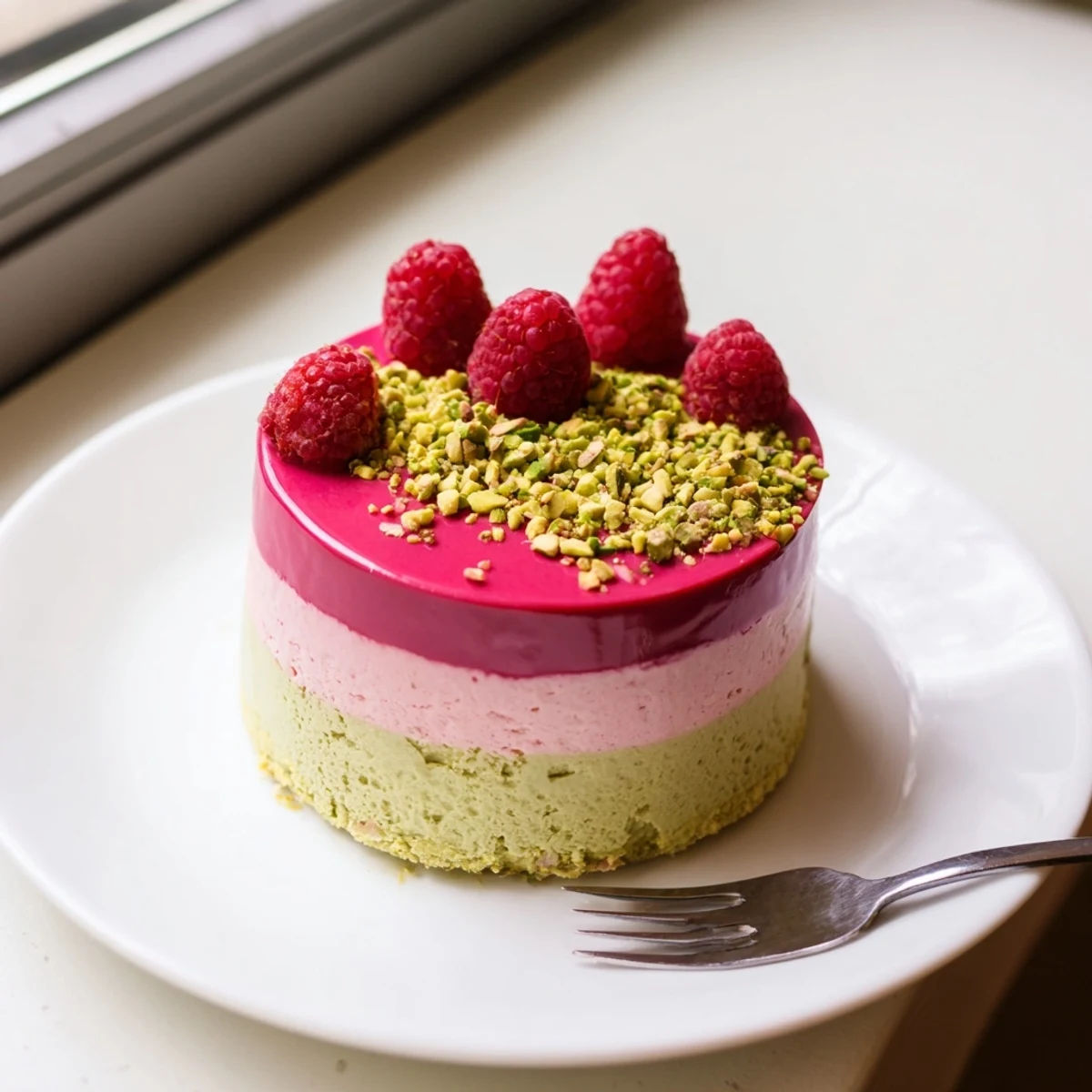 French-inspired mini raspberry pistachio mousse cakes featuring vibrant raspberry layers on individual serving plates
