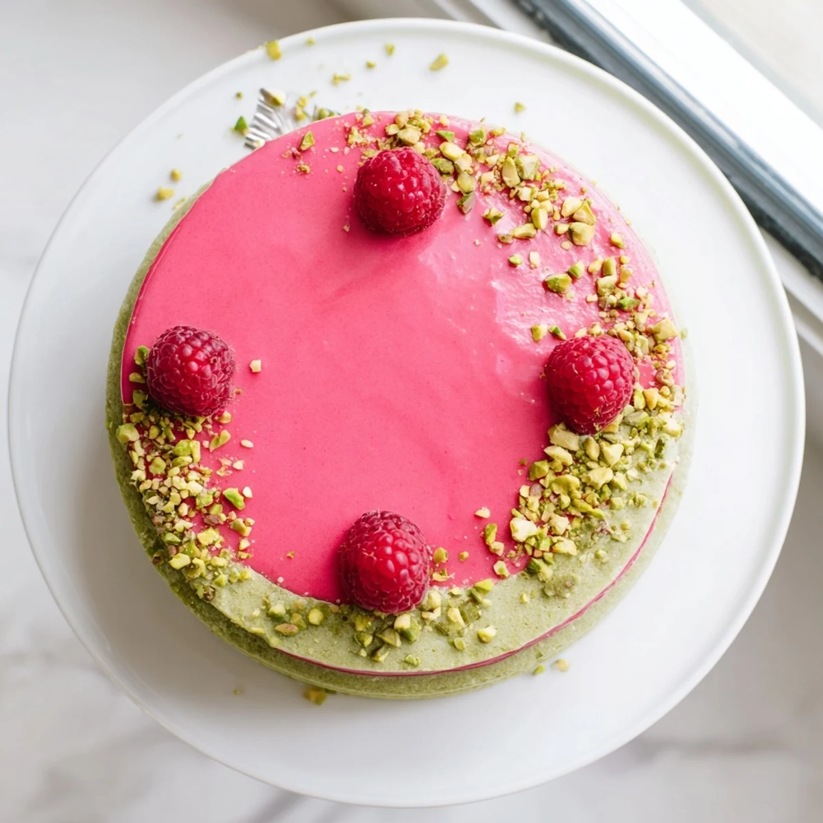 Mini raspberry pistachio mousse cakes with glossy red glaze and chopped pistachio garnish