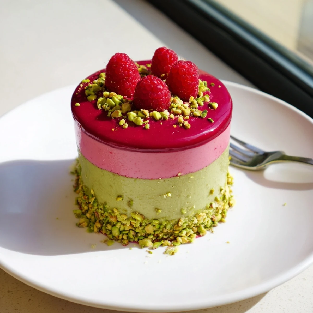 Elegant mini raspberry pistachio mousse cakes topped with fresh raspberries and green pistachio crumbs