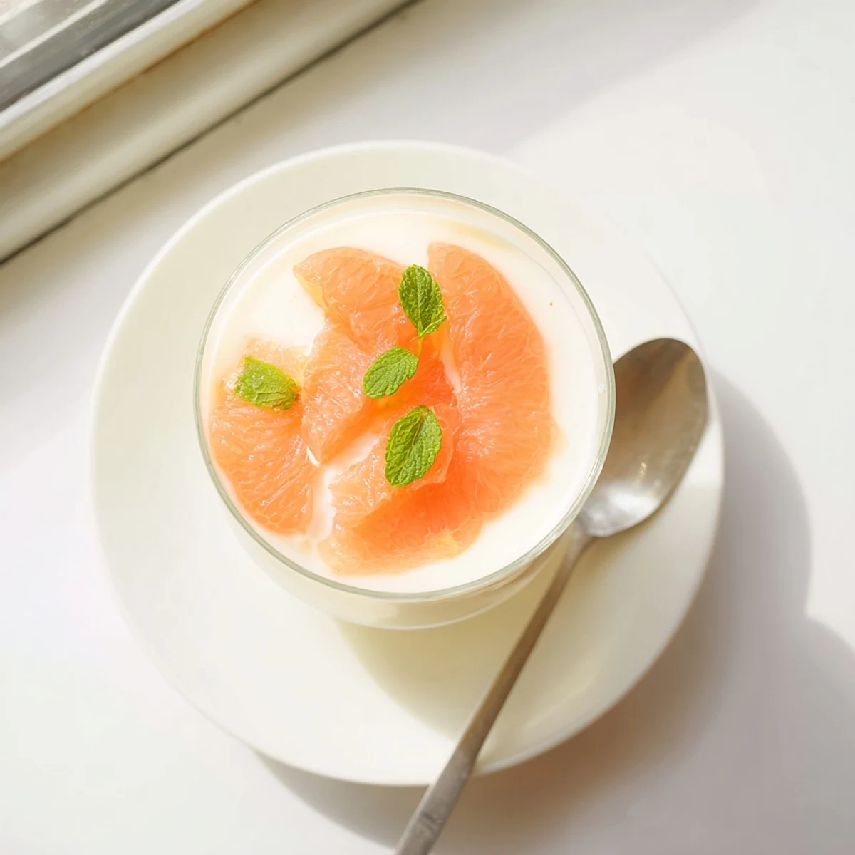 Silky grapefruit panna cotta topped with fresh citrus segments and mint leaves in clear glass ramekins