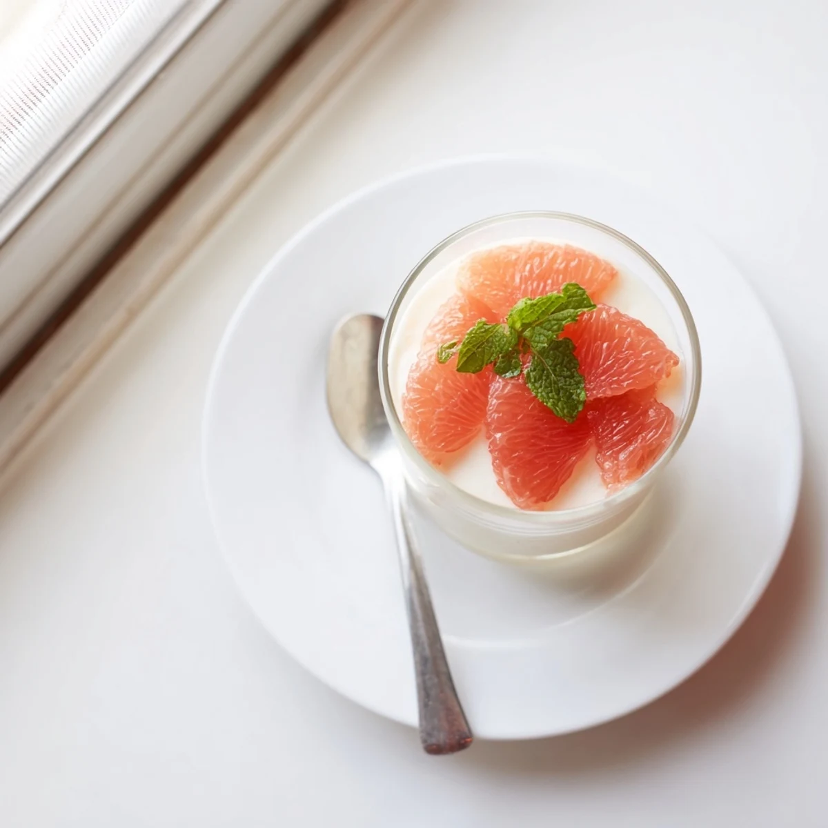 Creamy Italian grapefruit panna cotta dessert garnished with vibrant grapefruit wedges on a white plate