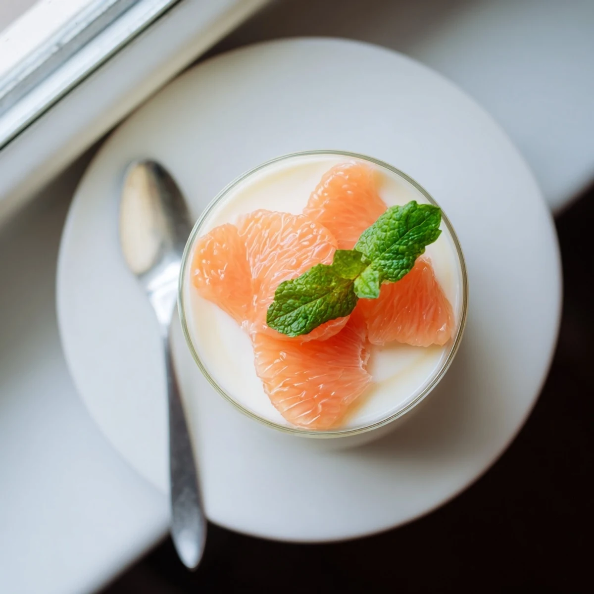 Elegant grapefruit panna cotta with glossy custard texture and ruby citrus toppings ready for serving