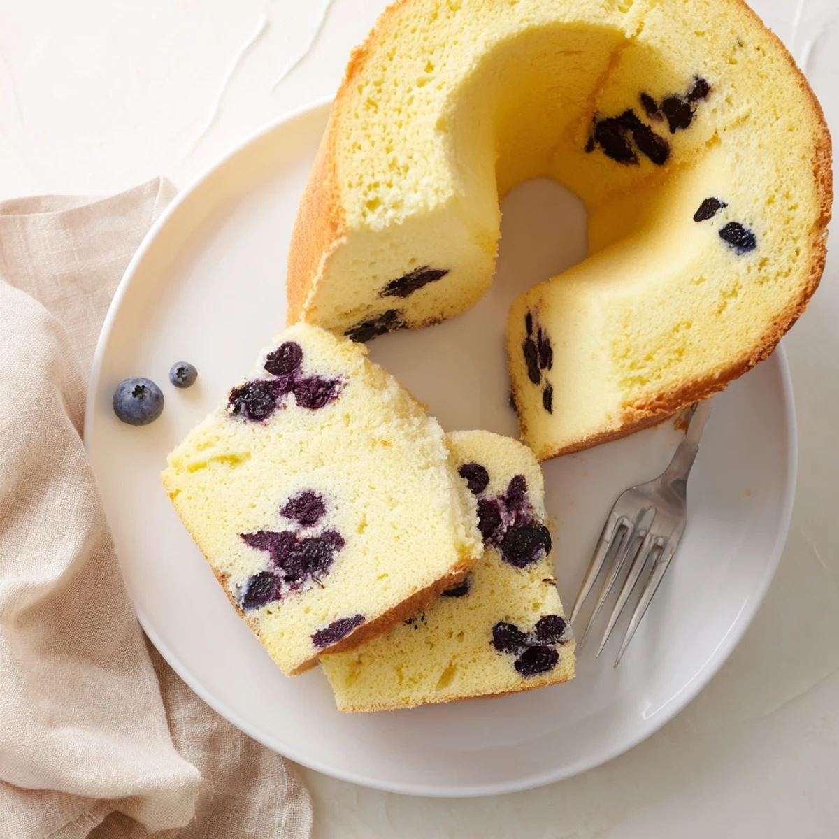 Tall tube pan showing fluffy blueberry chiffon cake with golden crust and purple berry flecks