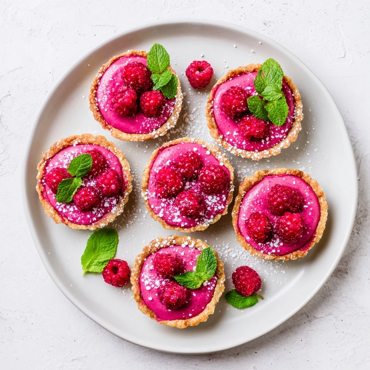 Chilled vegan raspberry curd tarts topped with fresh red berries and mint on elegant white serving plates