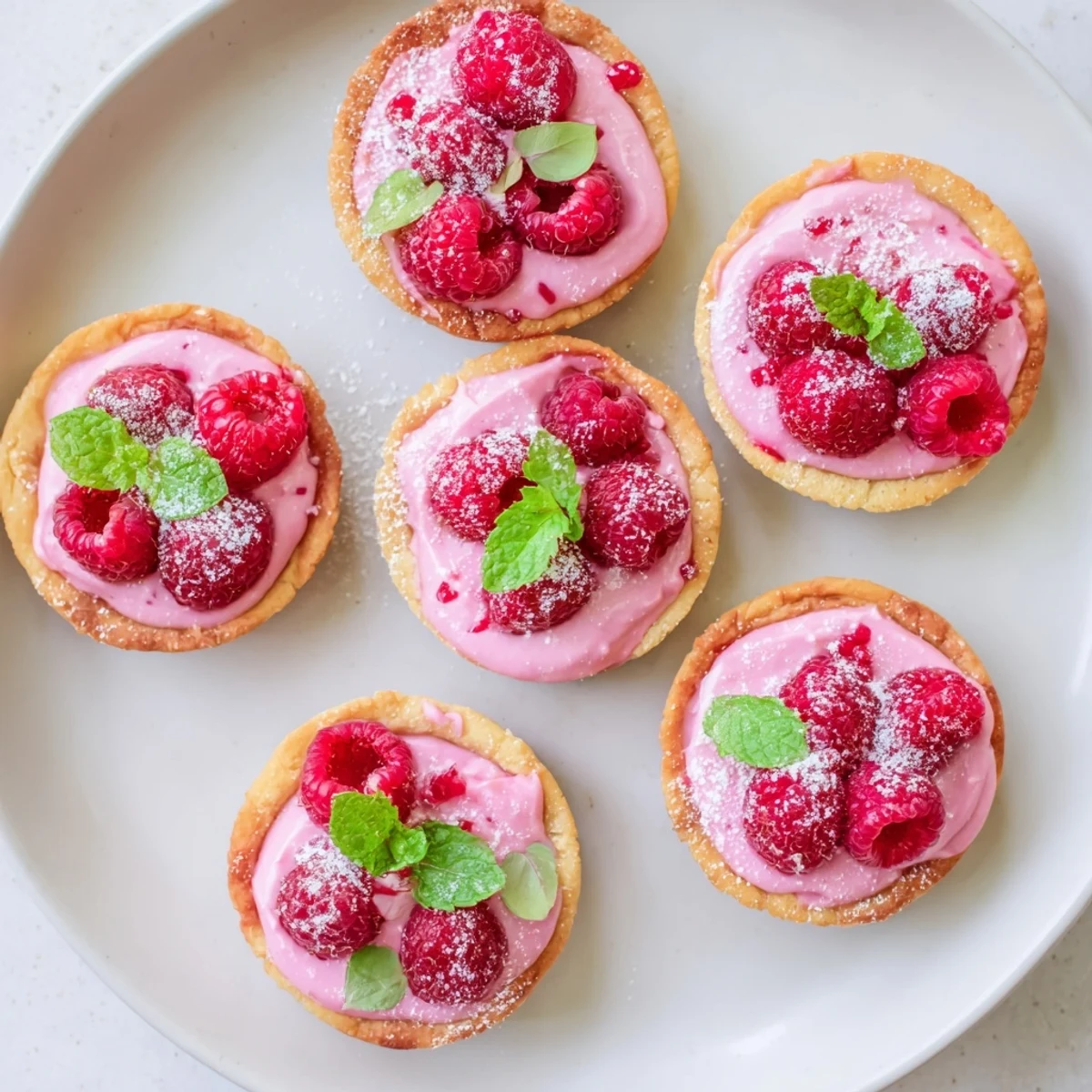 Golden vegan raspberry curd tarts with silky bright pink filling nestled in flaky plant-based pastry shells