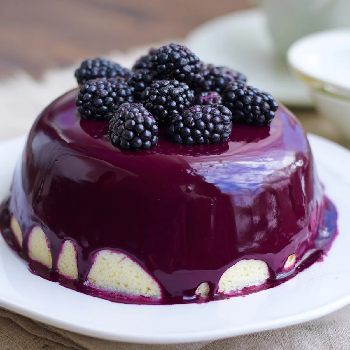 Two elegant mini blackberry mousse cakes with glossy purple glaze and fresh berry garnish on white plates
