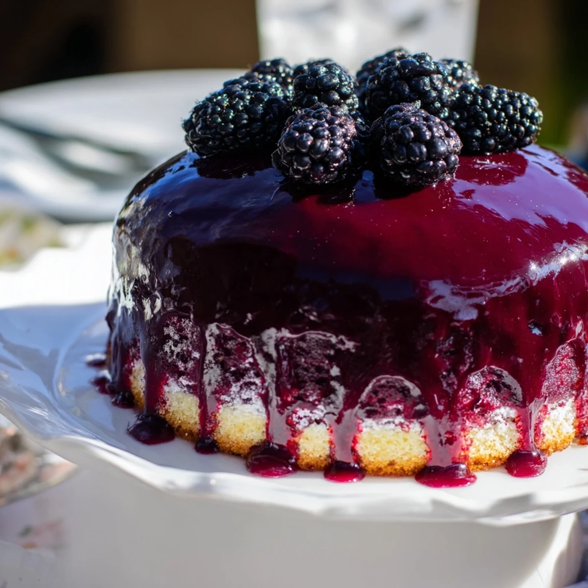 Individual blackberry mousse cakes featuring light airy texture atop tender sponge finished with mirror glaze